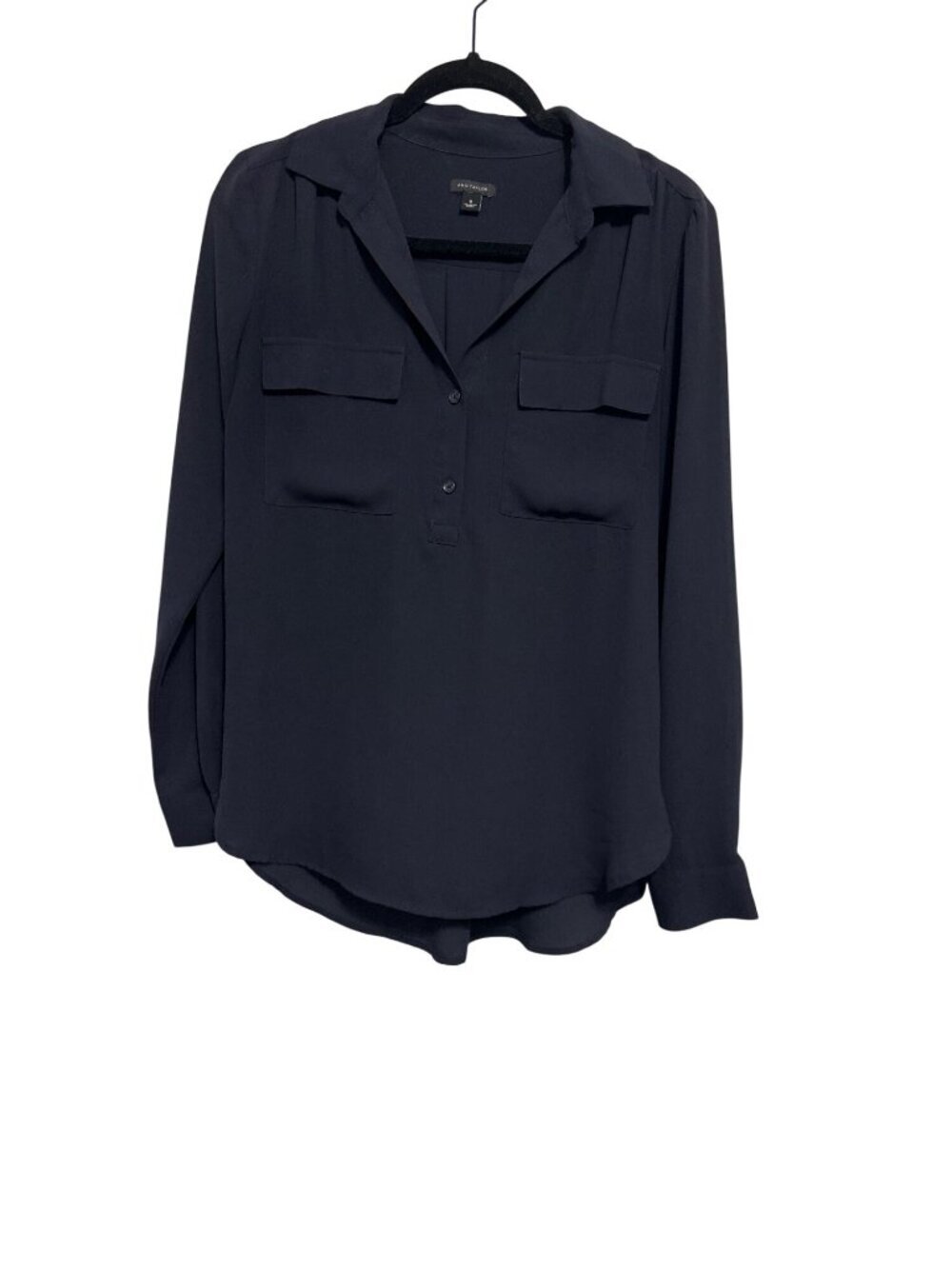 Ann Taylor Navy Long Sleeve Blouse With Dual Front Pockets Button-Up Detail And